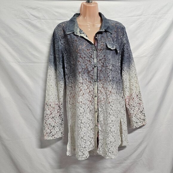 Aratta Silent Journey Button Up Lace Top Blouse Shirt Women Size M Ombre Cotton - Picture 3 of 16